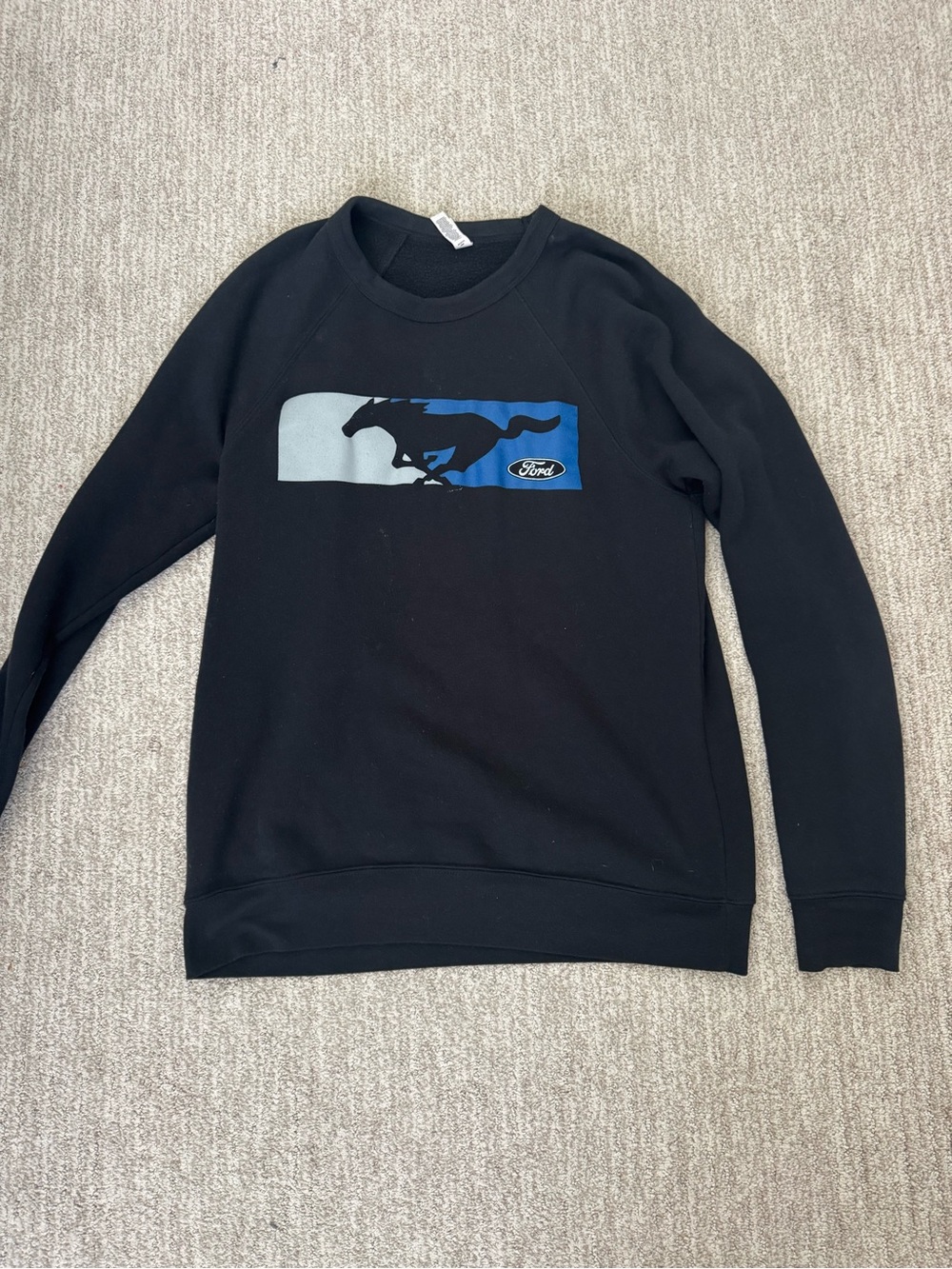 Bella Canvas Black Crewneck Sweatshirt with Blue and Gray Mustang Graphic